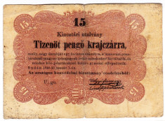 Ungaria,15 PENGO KRAJCZAR,1849,seria scrisa manual,legeda pe verso si in romana foto