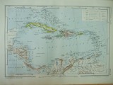 Harta Veche Antile, Golful Mexic, Atlantic 1888, 40x30cm - Bibliofilie