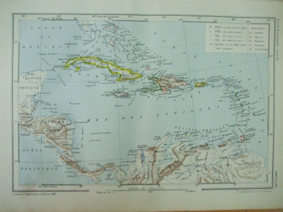 Insulele Antile Golful Mexic Oceanul Atlantic 1888 harta color foto
