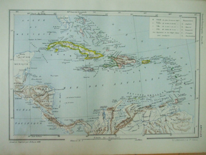 Insulele Antile Golful Mexic Oceanul Atlantic 1888 harta color