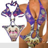 Costum de baie intreg monokini alb/mov cu imprimeu schelet, O piesa, S