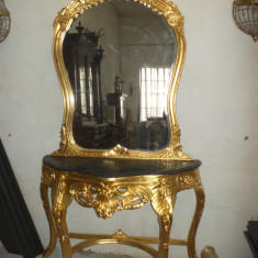 Consola cu oglinda, stil Rococo, lemn masiv de fag, sculpturi manuale