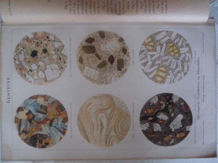 Plansa color cu sectiuni microscopice ale unor tipuri de roci, anii 1885-1890
