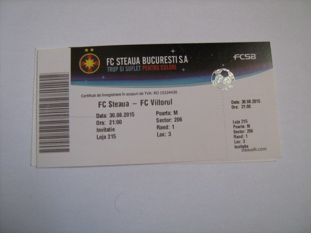 Bilet meci fotbal / FC Steaua Bucuresti (FCSB)-FC Viitorul (30 august 2015)  | arhiva Okazii.ro