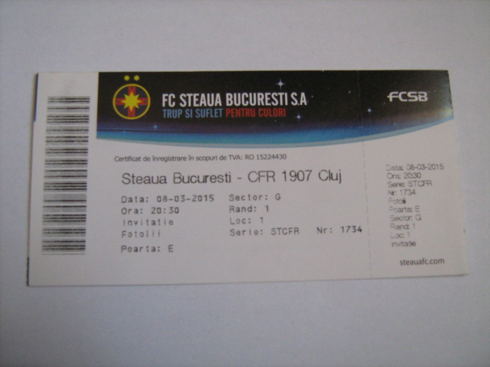 Bilet meci fotbal / FC Steaua Bucuresti (FCSB)-CFR Cluj Napoca (8 martie  2015) | arhiva Okazii.ro