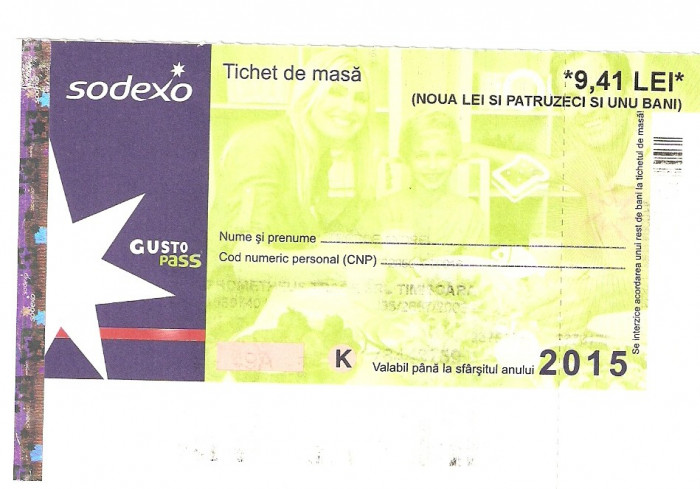 TICHET DE MASA SODEXO 9,41 LEI / 2015