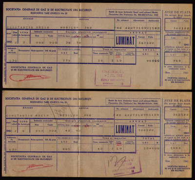 Societatea de Gaze si Electricitate Bucuresti - 2 Avize de plata din 1943 foto