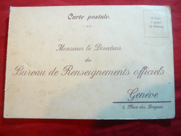 Carte Postala adresata Serviciului de Informatii oficiale Geneva ,oferta public
