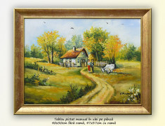 Viata la tara (3) - pictura peisaj rural, ulei pe panza cu rama, 47x37cm foto