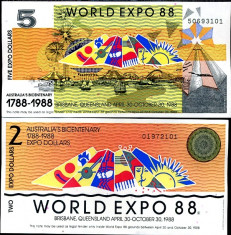 !!! AUSTRALIA - LOT 2 + 5 DOLARI WORLD EXPO 1988 - UNC foto