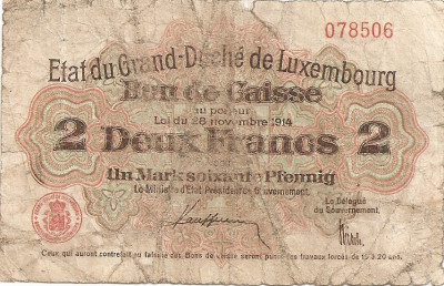 Luxembourg Luxemburg 2 Franci Francs 1914 Uzata foto