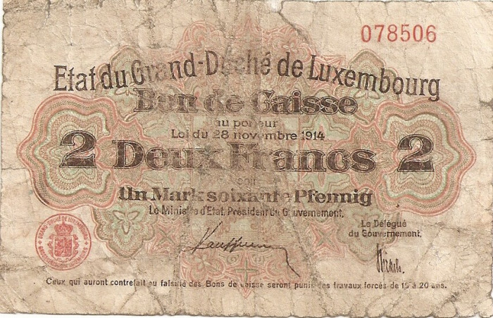 Luxembourg Luxemburg 2 Franci Francs 1914 Uzata