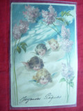 Ilustrata- Felicitare Paste -Copii si Flori - Litografie cca.1900, Necirculata, Printata