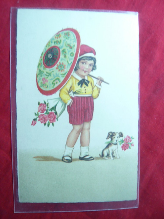 Ilustrata - Fetita cu Umbreluta Japoneza si catel - Piesa de Autor