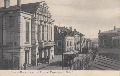 GALATI , STRADA BRASOVENIEI CU TEATRUL PAPADOPOL , TRAMVAI foto