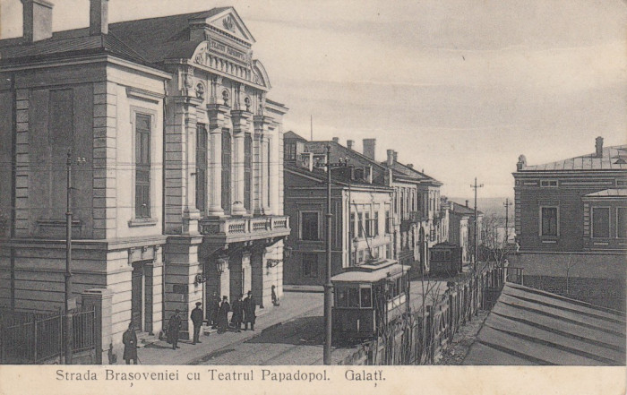 GALATI , STRADA BRASOVENIEI CU TEATRUL PAPADOPOL , TRAMVAI