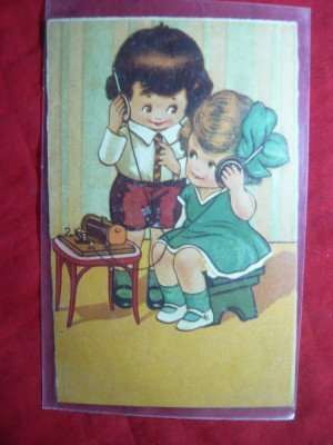 Ilustrata circulata 1931 Fetita si Baietel vorbind la telefon cu casti foto