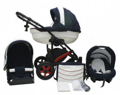 Carucior 3 in 1 Charm 07 (Bleumarin texturat cu Piele eco alb) Kerttu foto