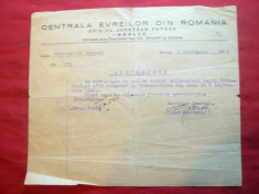 Hartie cu Antet Centrala Evreilor din Romania -Oficiul Judetean Tutova 1942 foto