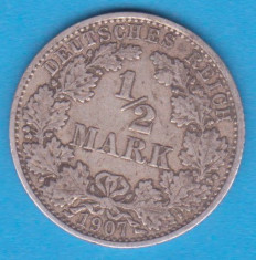 (1) MONEDA DIN ARGINT GERMANIA - 1/2 MARK 1907, LIT. A, PURITATE 900, NECURATATA foto