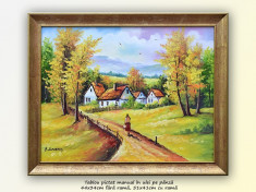 La bunici (3) - tablou peisaj rural in ulei pe panza, 51x41cm - cu rama foto