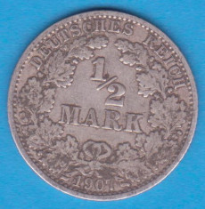 (2) MONEDA DIN ARGINT GERMANIA - 1/2 MARK 1907, LIT. A, PURITATE 900, NECURATATA foto