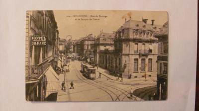 CY - Ilustrata MULHOUSE &amp;quot;Bulevardul Sauvage &amp;amp; Banca Frantei&amp;quot; 1930 circulata foto