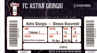 Bilet meci fotbal ASTRA GIURGIU - STEAUA BUCURESTI 16.04.2016 foto