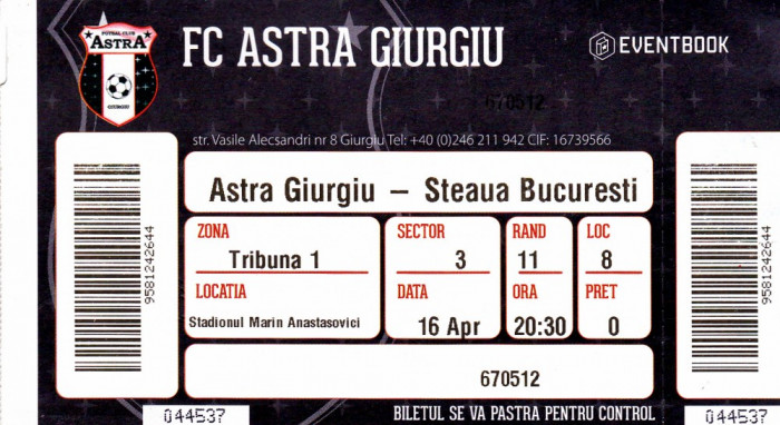 Bilet meci fotbal ASTRA GIURGIU - STEAUA BUCURESTI 16.04.2016