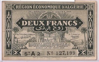 ALGERIA 2 FRANCS FRANCI 1949 VF foto