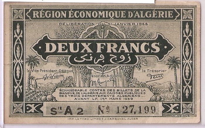 ALGERIA 2 FRANCS FRANCI 1949 VF