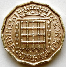 MAREA BRITANIE , 3 PENCE 1964 , Tudor portcullis - sliding door , 12 LATURI 22mm foto