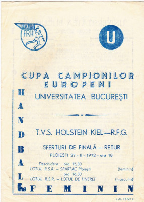 Program meci handbal UNIVERSITATEA BUCURESTI - TVS HOLSTEIN KIEL(RFG) 27.02.1972 foto