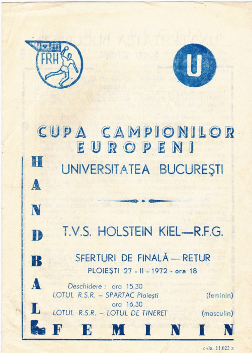 Program meci handbal UNIVERSITATEA BUCURESTI - TVS HOLSTEIN KIEL(RFG) 27.02.1972