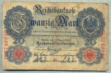 A 282 BANCNOTA-GERMANIA - 20 MARK- anul 1910 -SERIA 5746910-starea care se vede, Europa