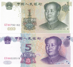 Bancnota China 1 si 5 Yuan 1999 - P895/ 897 UNC (set 2 bancnote) foto
