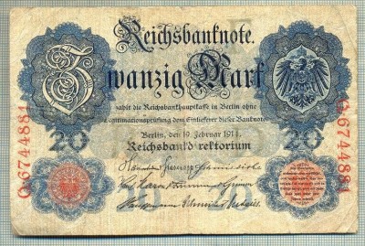 A 281 BANCNOTA-GERMANIA - 20 MARK- anul 1914 -SERIA 6744881-starea care se vede foto