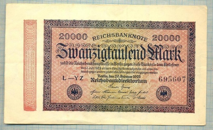 A 294 BANCNOTA-GERMANIA -20 000 MARK-anul 1923-SERIA 695607-starea care se vede