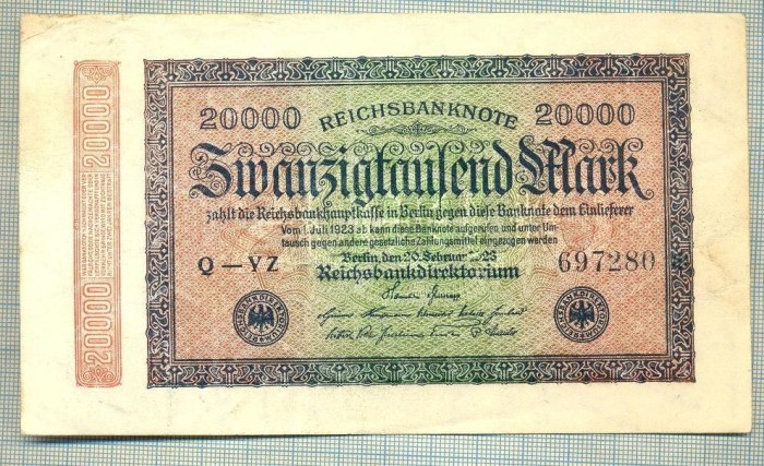 A 311 BANCNOTA-GERMANIA -20 000 MARK-anul 1923-SERIA 697280-starea care se vede