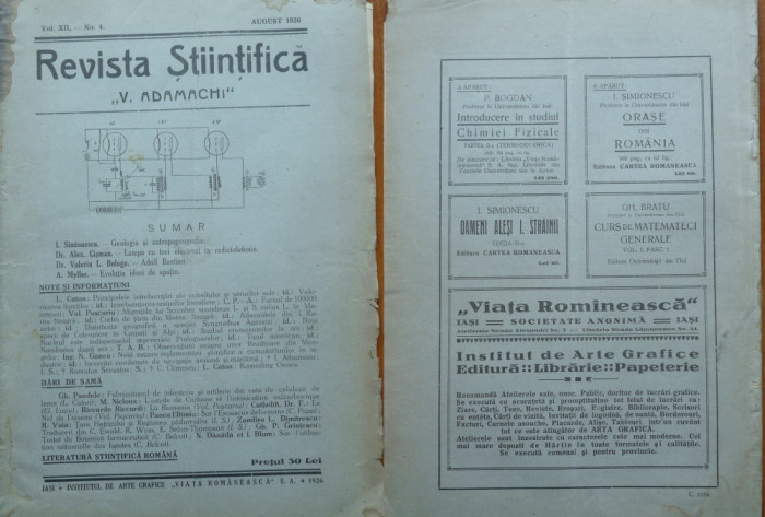 Revista Stiintifica V. Adamachi , Iasi , August , 1926 , Antropogeografia