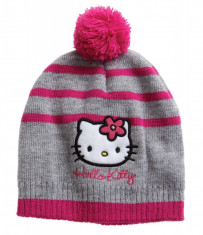 Caciula din tricot Hello Kitty gri/roz fuchsia foto