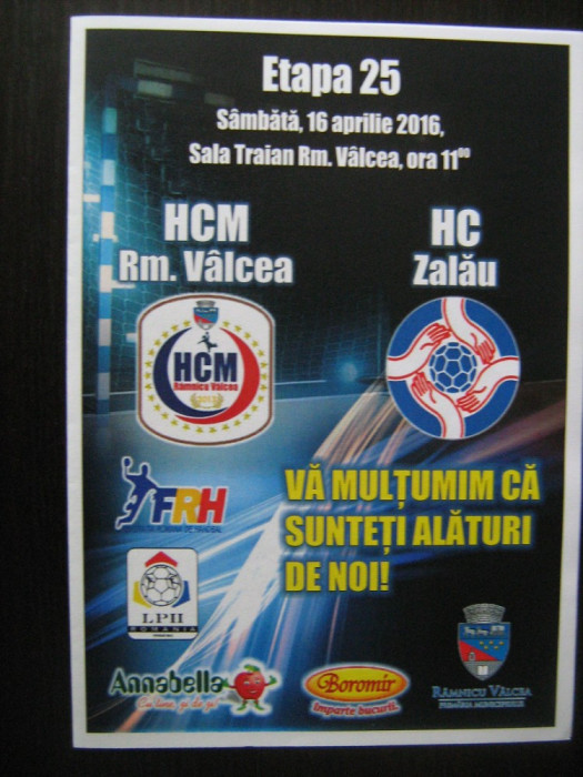 HCM Rm.Valcea-HCM Zalau (16 aprilie 2016) / program de meci handbal feminin