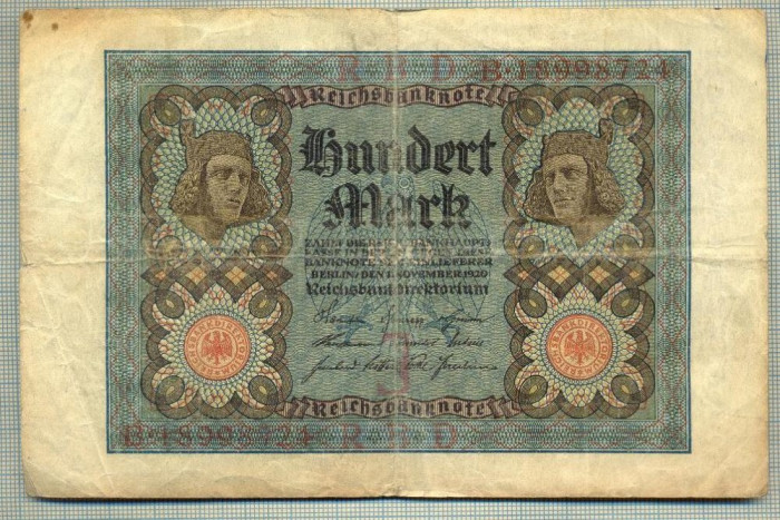 A 478 BANCNOTA-GERMANIA -100 MARK -ANUL 1920-SERIA 18998724 -starea care se vede