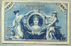 A 492 BANCNOTA-GERMANIA -100 MARK -ANUL 1908-SERIA 7515188 -starea care se vede