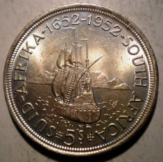 E.121 AFRICA DE SUD GEORGE VI CAPETOWN 5 SHILLINGS 1952 XF/AUNC ARGINT 28,4g foto