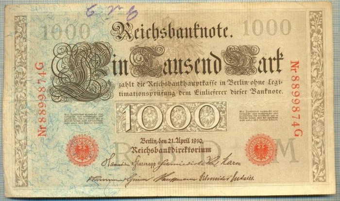 A 458 BANCNOTA-GERMANIA -1000 MARK -ANUL 1910 -SERIA 8899874-starea care se vede