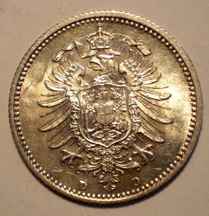 E.301 GERMANIA 20 PFENNIG 1874 D AUNC ARGINT