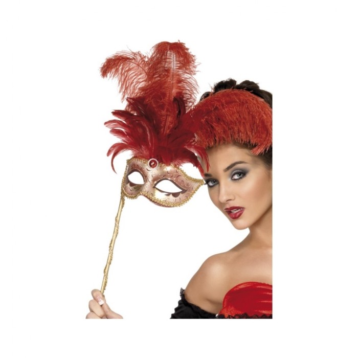 Masca Baroque Rosie Cu Maner - Carnaval24 Masca Baroque Rosie Cu Maner - Carnaval24