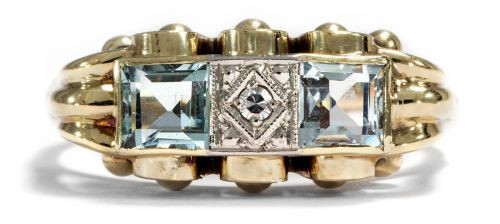 Inel art deco cu piatra aquamarine si diamante