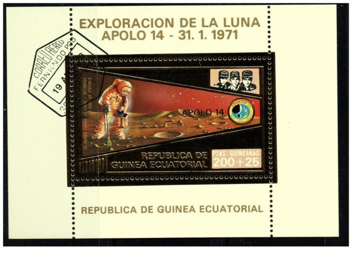 Guinea Equatorial 1973 misiunile Apollo -14- colita stampilata cu foita de aur